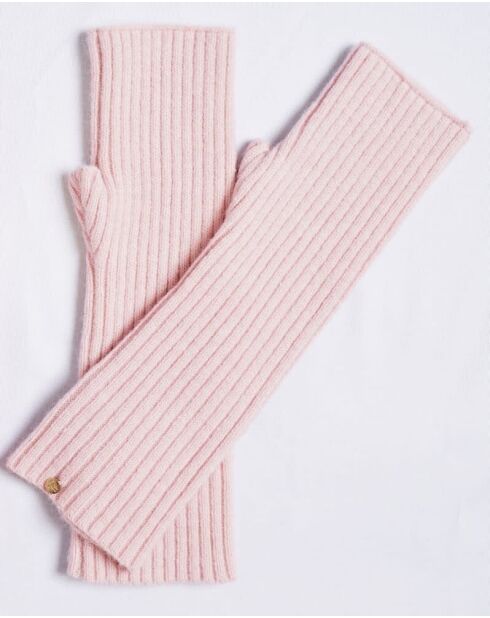 Guanti rosa in misto cashmere a costine aderenti a 12 fili