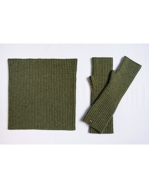 Guanti kaki in misto cashmere a costine aderenti a 12 fili