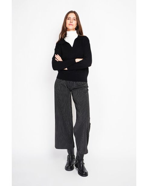 Pull col polo en V oversize à manches longues Hélène noir