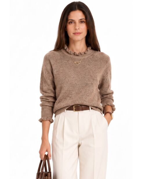 Pull col montant à volants et manches boutonnées Chloé camel