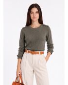Maglione girocollo Ava kaki a costine con bottoni sulle spalle, maniche lunghe