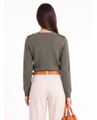 Maglione girocollo Ava kaki a costine con bottoni sulle spalle, maniche lunghe