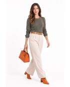 Maglione girocollo Ava kaki a costine con bottoni sulle spalle, maniche lunghe
