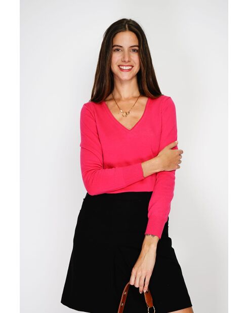 Pull col V classique à manches longues tricotage en 2 fils Grey fuchsia