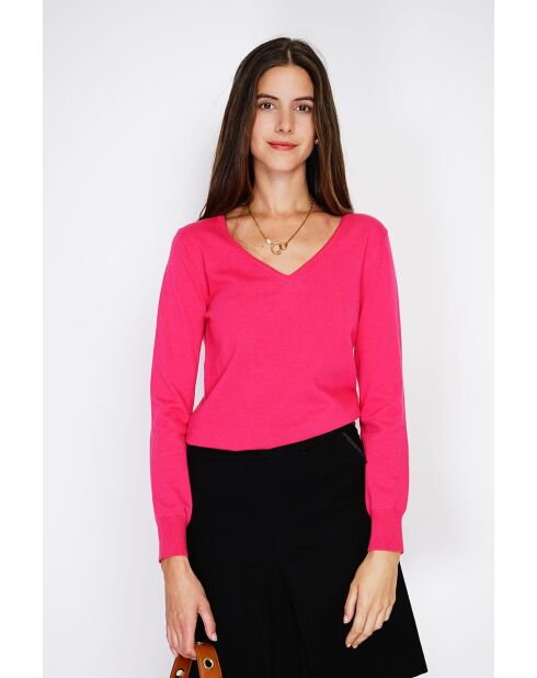 Pull col V classique à manches longues tricotage en 2 fils Grey fuchsia