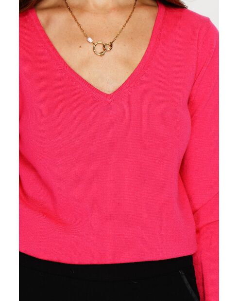 Pull col V classique à manches longues tricotage en 2 fils Grey fuchsia