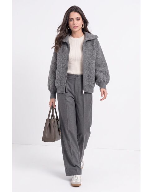 Langärmliger Sherpa-Flanell-Strickcardigan aus Wolle mit hohem Ausschnitt und Reißverschluss