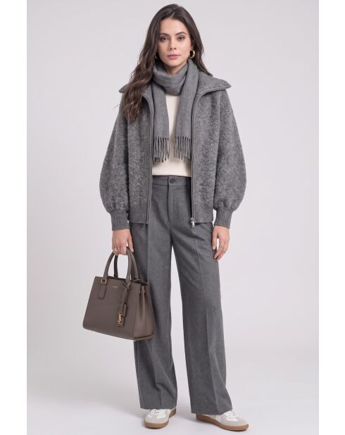 Langärmliger Sherpa-Flanell-Strickcardigan aus Wolle mit hohem Ausschnitt und Reißverschluss
