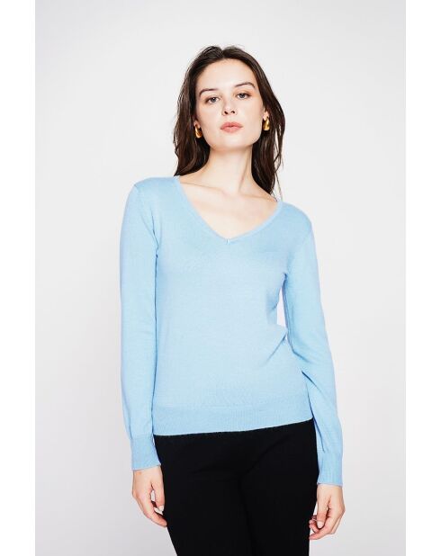 Pull col V classique à manches longues tricotage en 2 fils Grey bleu ciel