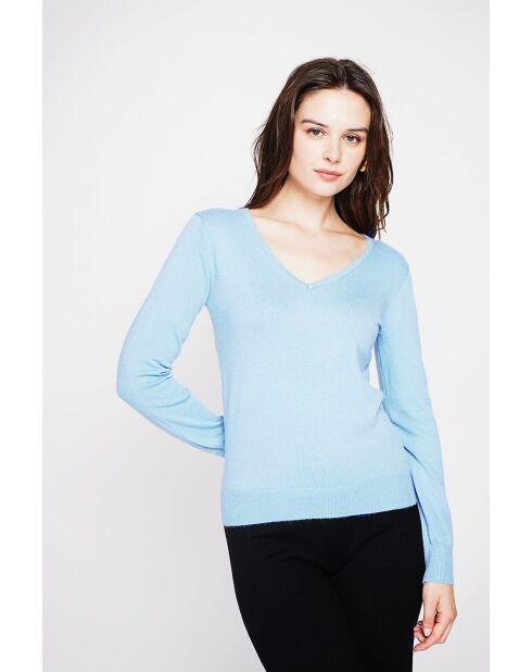 Pull col V classique à manches longues tricotage en 2 fils Grey bleu ciel
