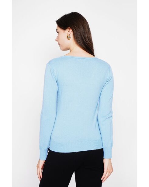 Pull col V classique à manches longues tricotage en 2 fils Grey bleu ciel