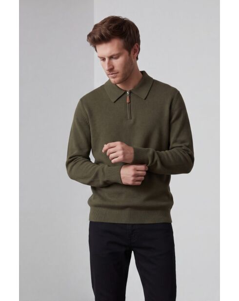 Polo a maniche lunghe Océane kaki con mezza zip