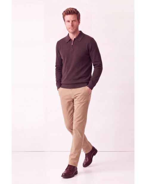 Polo a maniche lunghe Océane café con mezza zip