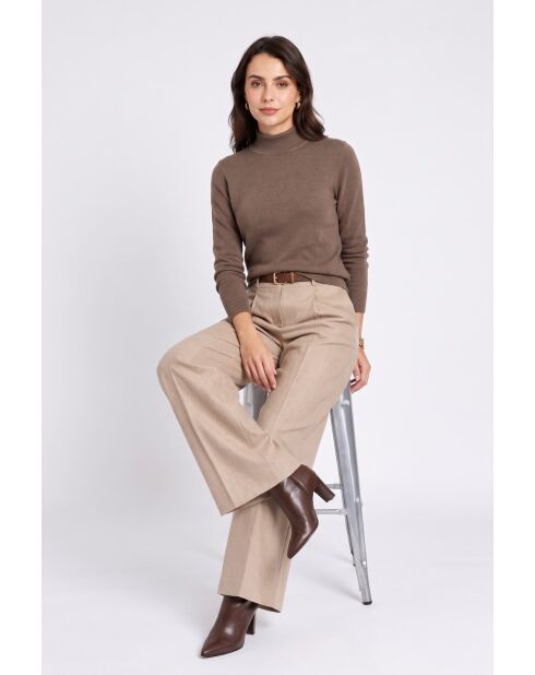 Pull col montant classique à manches longues tricotage en 2 fils Jeanne marron