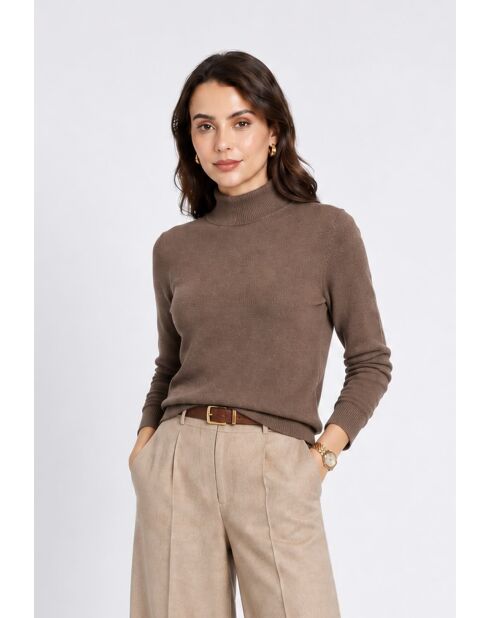 Pull col montant classique à manches longues tricotage en 2 fils Jeanne marron