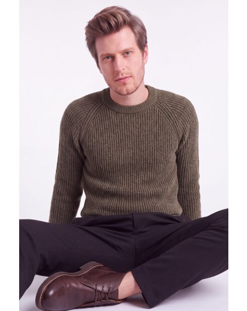 Manon Khakifarbener Wollpullover mit Rundhalsausschnitt