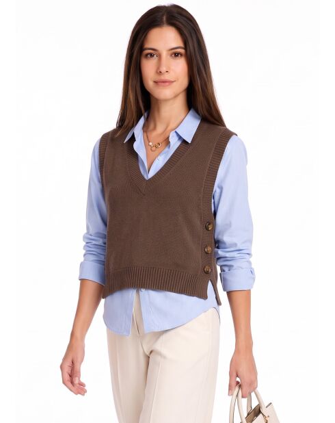 Pull col V sans manches boutonné en laine Annie café
