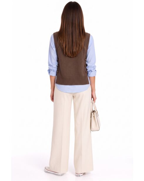 Pull col V sans manches boutonné en laine Annie café