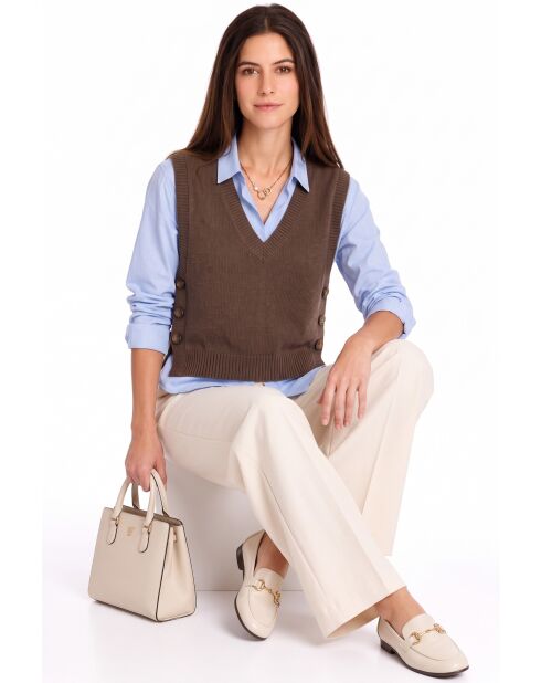 Pull col V sans manches boutonné en laine Annie café