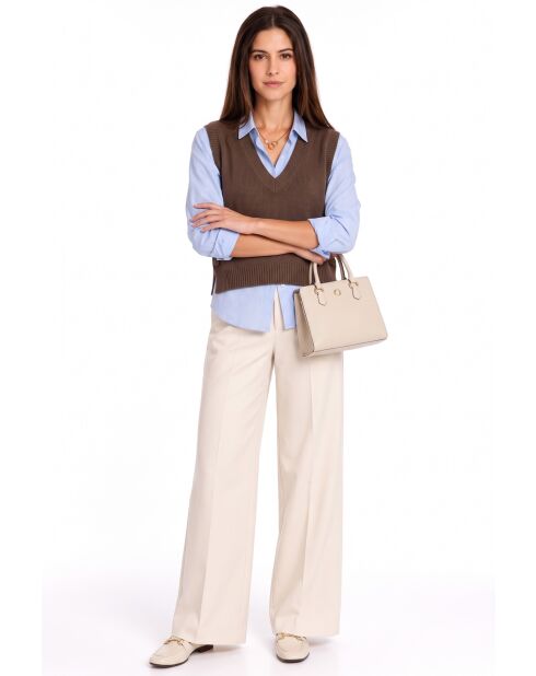 Pull col V sans manches boutonné en laine Annie café