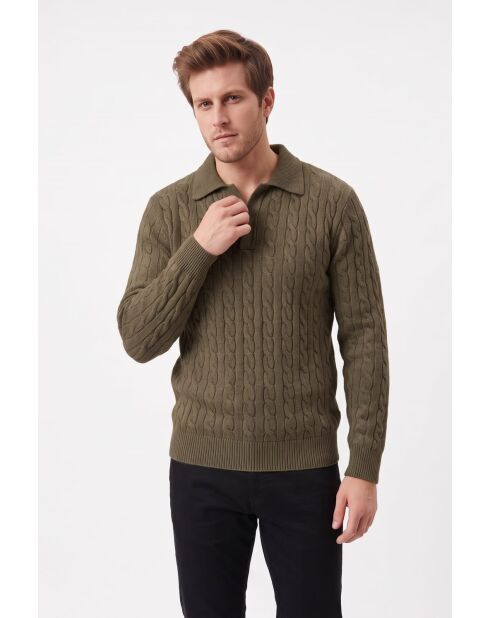 Camille Khaki Langarmpullover aus 4-lagiger Wolle mit Zopfausschnitt