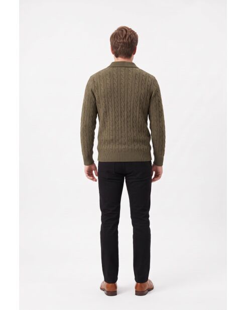 Camille Khaki Langarmpullover aus 4-lagiger Wolle mit Zopfausschnitt