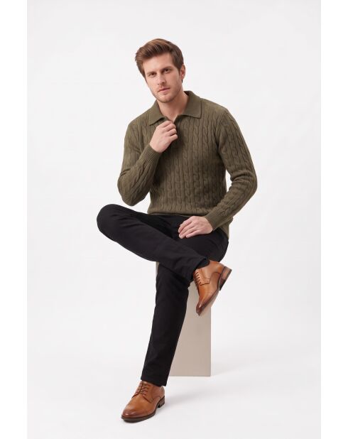 Camille Khaki Langarmpullover aus 4-lagiger Wolle mit Zopfausschnitt