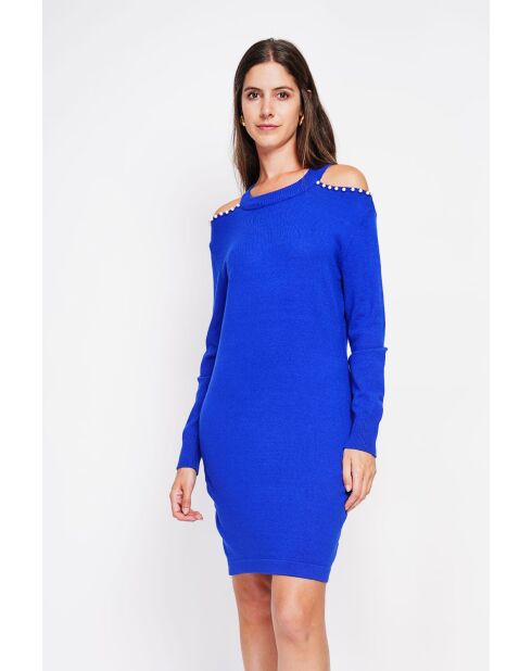 Vestido de punto con cuello en forma de embudo con abertura en los hombros en color azul real de Anais y perla