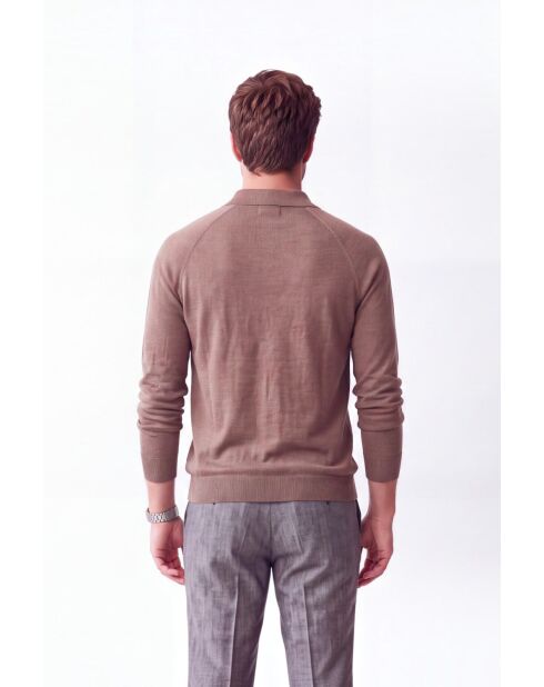 Maglione Thomas marrone con collo a polo con bottoni, maniche lunghe