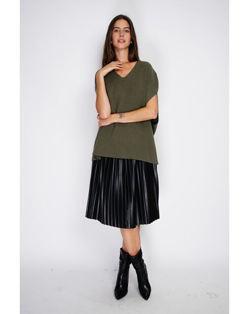Pull poncho col V tricotage fantaisie en cachemire Harris kaki