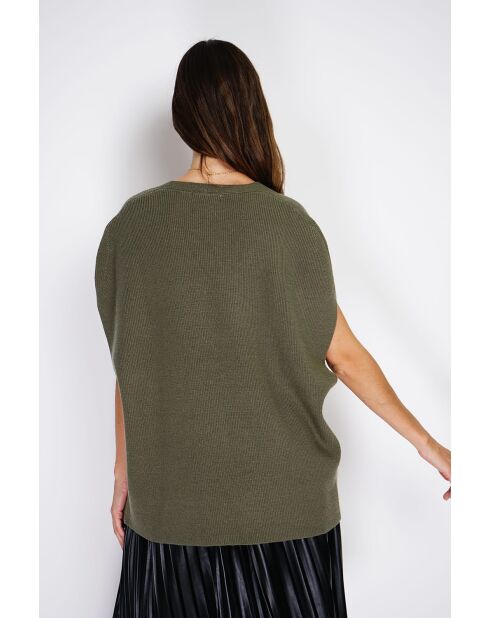 Pull poncho col V tricotage fantaisie en cachemire Harris kaki
