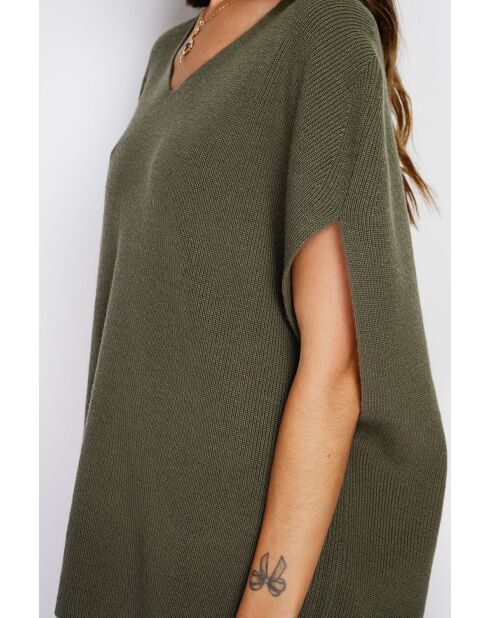 Pull poncho col V tricotage fantaisie en cachemire Harris kaki
