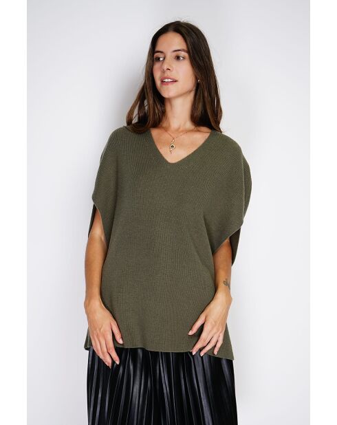 Pull poncho col V tricotage fantaisie en cachemire Harris kaki