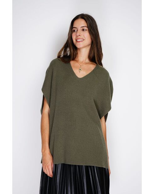 Pull poncho col V tricotage fantaisie en cachemire Harris kaki