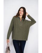 Maglione poncho Mary a collo alto lavorato a maglia fantasia a maniche lunghe color kaki