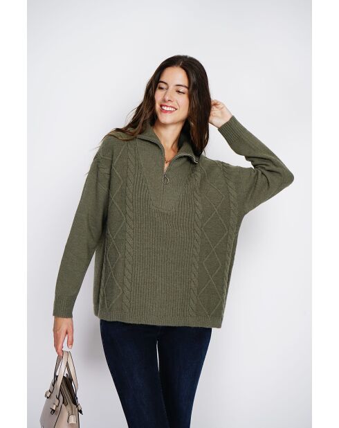 Pull poncho Mary col montant tricotage fantaisie à manche longues kaki