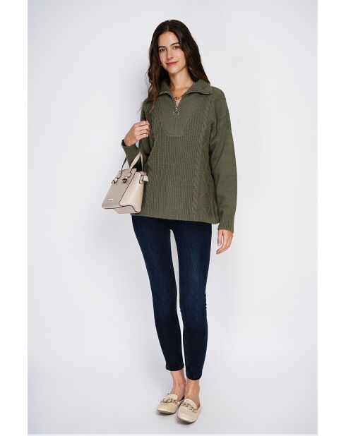 Pull poncho Mary col montant tricotage fantaisie à manche longues kaki