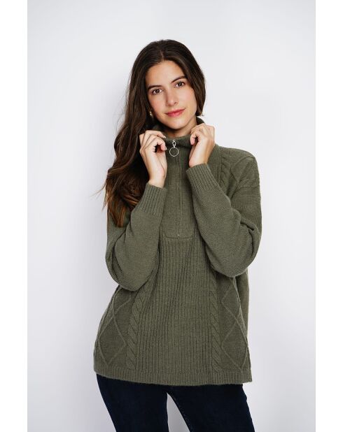 Pull poncho Mary col montant tricotage fantaisie à manche longues kaki