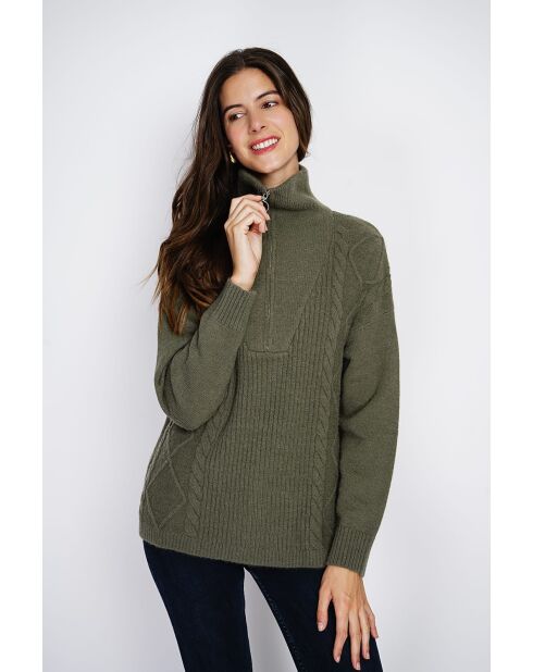 Pull poncho Mary col montant tricotage fantaisie à manche longues kaki