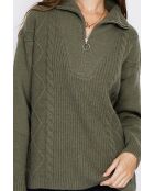 Maglione poncho Mary a collo alto lavorato a maglia fantasia a maniche lunghe color kaki