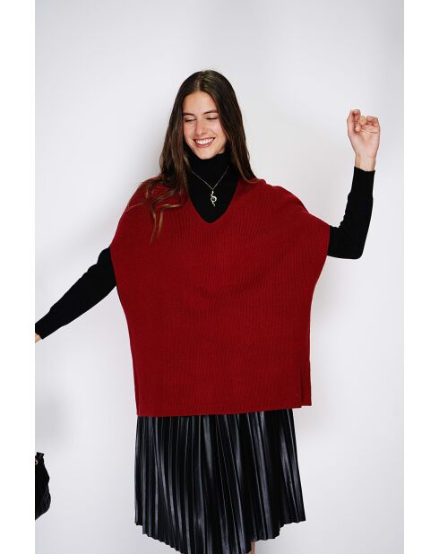 Pull poncho col V tricotage fantaisie en cachemire Harris bordeaux
