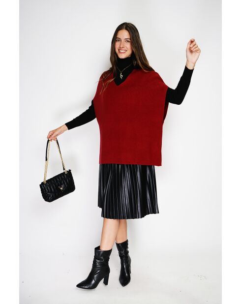 Pull poncho col V tricotage fantaisie en cachemire Harris bordeaux
