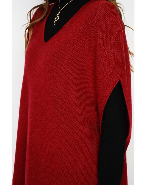Pull poncho col V tricotage fantaisie en cachemire Harris bordeaux