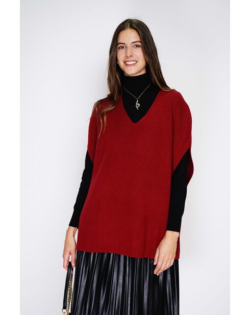 Pull poncho col V tricotage fantaisie en cachemire Harris bordeaux