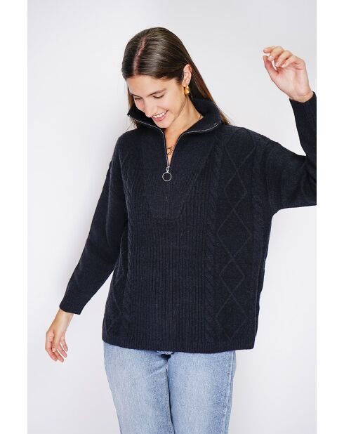 Pull poncho Mary col montant tricotage fantaisie à manche longues noir