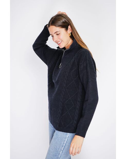 Pull poncho Mary col montant tricotage fantaisie à manche longues noir