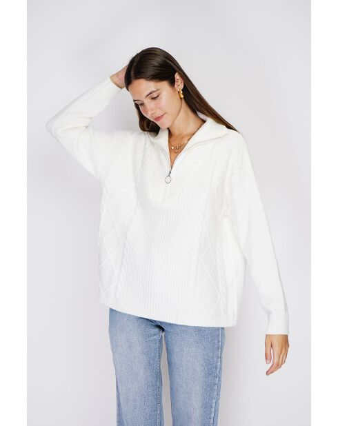 Pull poncho Mary col montant tricotage fantaisie à manche longues naturel