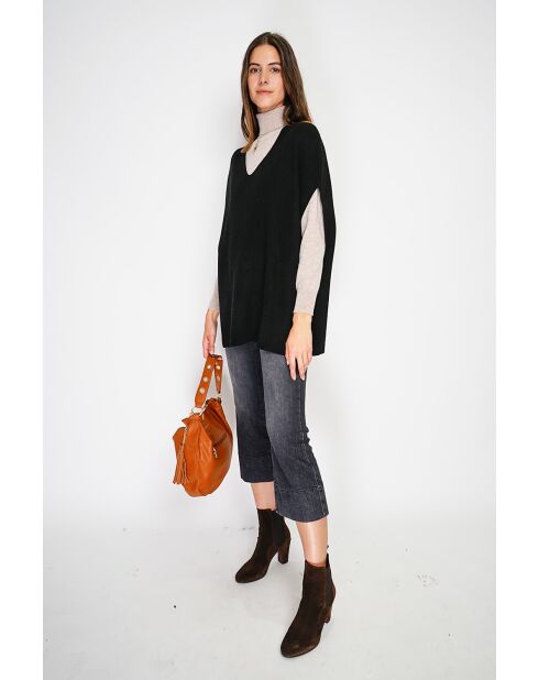 Pull poncho col V tricotage fantaisie en cachemire Harris noir