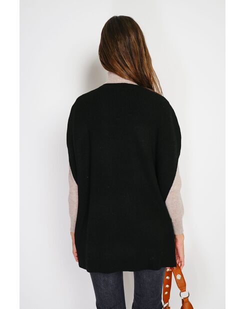 Pull poncho col V tricotage fantaisie en cachemire Harris noir