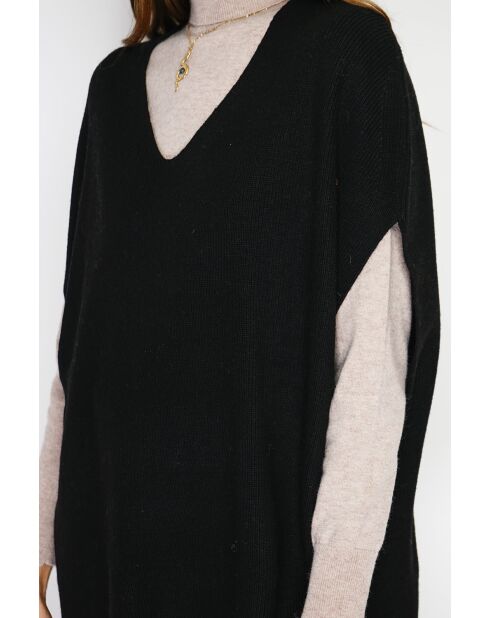 Pull poncho col V tricotage fantaisie en cachemire Harris noir